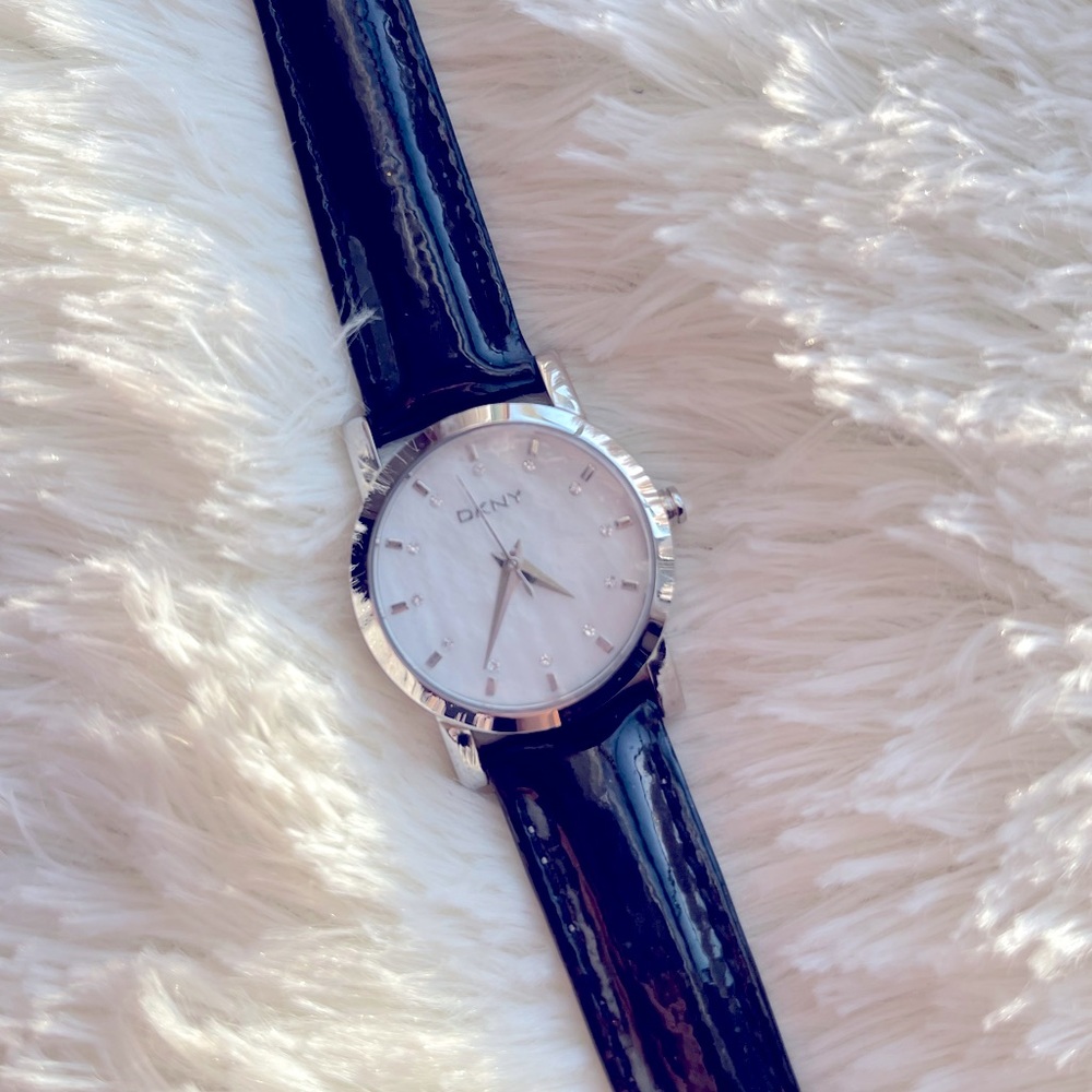 DKNY Diamond and Mother of Pearl face watch with black leather band